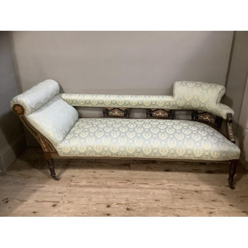 442 - A late Victorian mahogany inlaid chaise longue, ladies and gents tub back chairs, all upholstered en... 