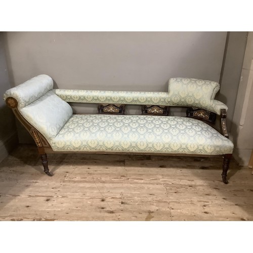 442 - A late Victorian mahogany inlaid chaise longue, ladies and gents tub back chairs, all upholstered en... 