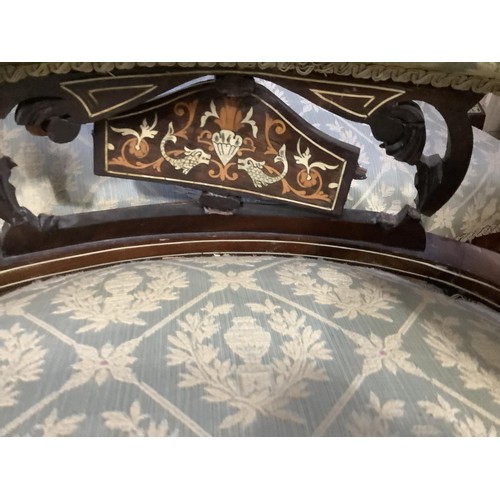 442 - A late Victorian mahogany inlaid chaise longue, ladies and gents tub back chairs, all upholstered en... 