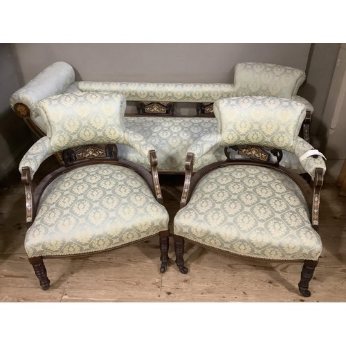 442 - A late Victorian mahogany inlaid chaise longue, ladies and gents tub back chairs, all upholstered en... 