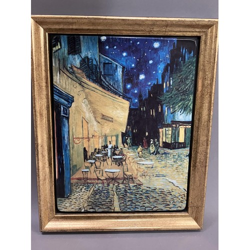 520 - After Vincent Van Gogh, colour print on ceramic panel, 'cafe terrasse bei nacht', 31cm x 25cm includ... 