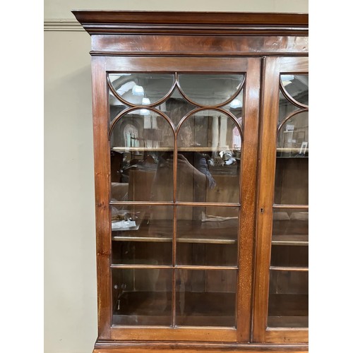 452 - A 19th century mahogany book case cupboard having a moulded cornice above two tracery glazed doors a... 