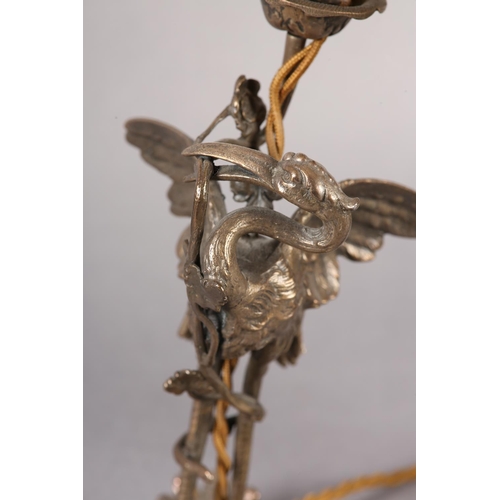 97 - A PAIR OF EPNS TABLE LAMPS IN THE FORM OF A CRANE PERCHED ON THE BACK OF A TURTLE, on black marble p... 