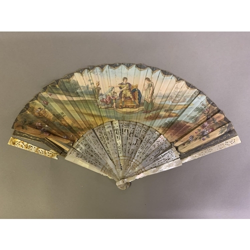 3 - An 18th century mother of pearl fan with leaf of painted silk, showing a man seated on a throne, a m... 