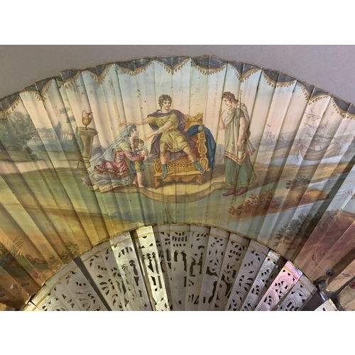 3 - An 18th century mother of pearl fan with leaf of painted silk, showing a man seated on a throne, a m... 