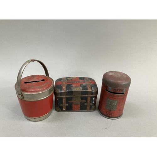 83 - Three printed tin money boxes, c1925. a George V pillar box, a trunk with 'Caley' luggage label and ... 