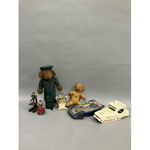 118 - A 1950s Harrods Mouse door stop, a mid century jointed teddy bear, an original late 90s Furby, a Tri... 