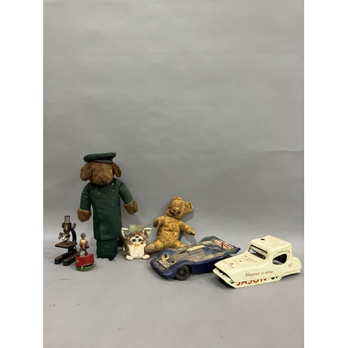 118 - A 1950s Harrods Mouse door stop, a mid century jointed teddy bear, an original late 90s Furby, a Tri... 