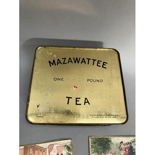 72 - A Mazawattee Tea printed tin, 17.5cm wide x 15.5cm deep x 6cm high together with nine USA advertisin... 