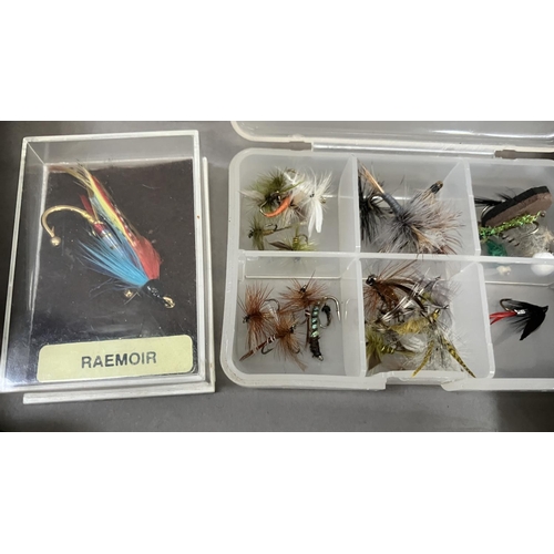 264 - Seven boxes of flies, various and a fishing fly brooch