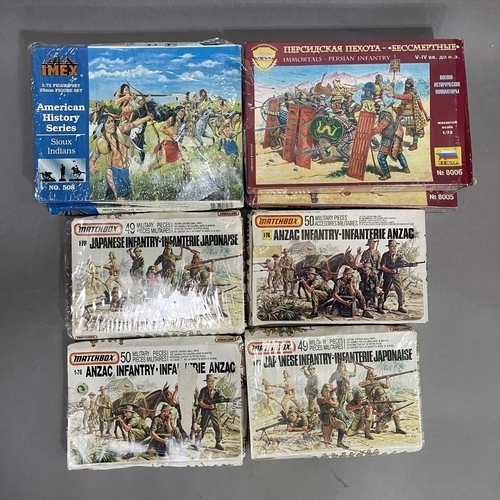 220 - A collection of boxed, early 1/76 and 1/72 scale model soldiers and characters including Airfix, Mat... 