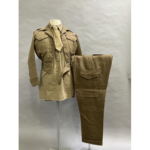 12 - A British Army 1946 battle dress blouse, trousers, tie and wool shirt, size 7