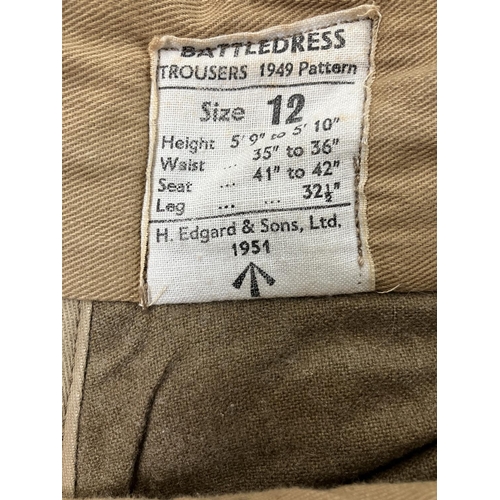 12 - A British Army 1946 battle dress blouse, trousers, tie and wool shirt, size 7