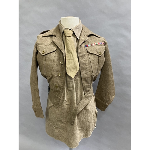 12 - A British Army 1946 battle dress blouse, trousers, tie and wool shirt, size 7