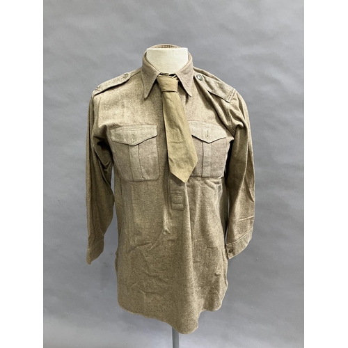 12 - A British Army 1946 battle dress blouse, trousers, tie and wool shirt, size 7