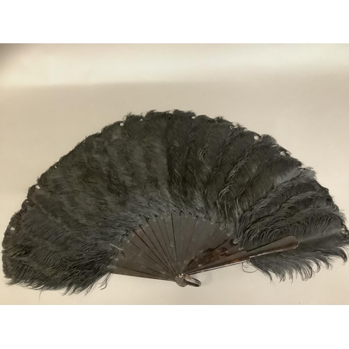 84 - A good black late 19th century ostrich feather fan, the monture of tortoiseshell, with good mottling... 