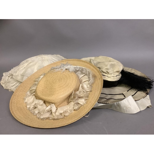 298 - Three stylish Edwardian hats, large, the first in cream cotton, the brim wired, pleated and frilled,... 