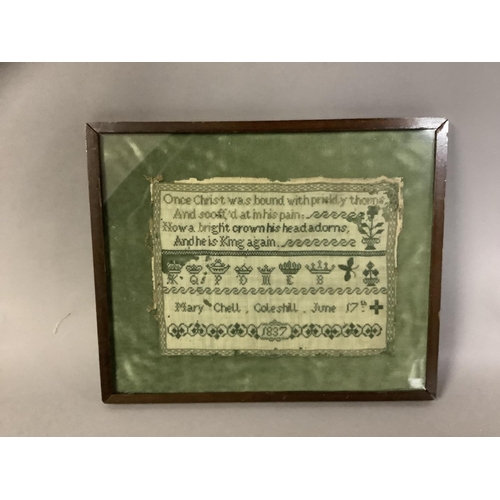 211 - A small early 19th century needlework sampler, worked in dark green thread on fine linen, dated 1838... 