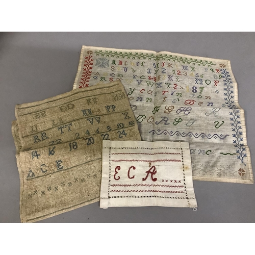 212 - An antique linen band sampler, alpha/numeric, dated 1834; together with a colourful alpha/numeric sa... 