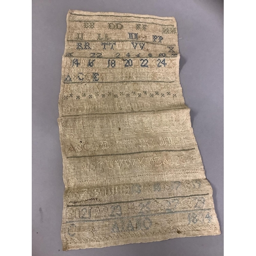 212 - An antique linen band sampler, alpha/numeric, dated 1834; together with a colourful alpha/numeric sa... 