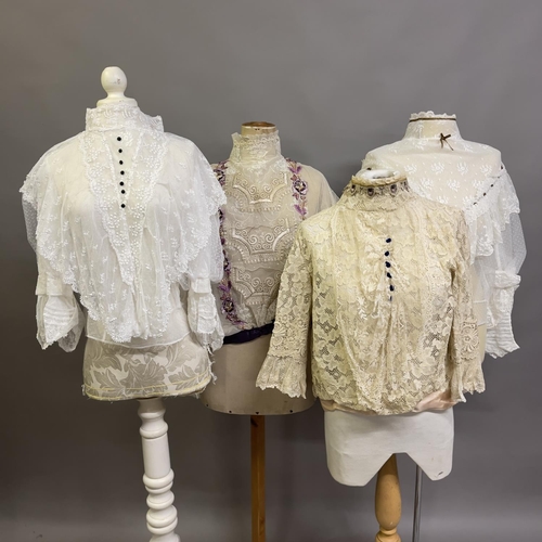 319 - Edwardian style blouses: four blouses, two trimmed with colourful woven ribbon to contrast with the ... 