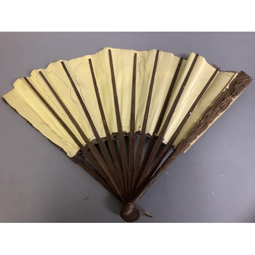 71 - Ann Collier: Sunflowers, a large lace fan mounted on late 19th century carved and pierced wood stick... 