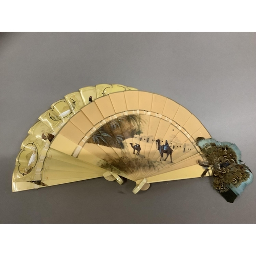 86 - A selection of Marquetry feather fans plus another: two marquetry feather fans, both on faux tortois... 