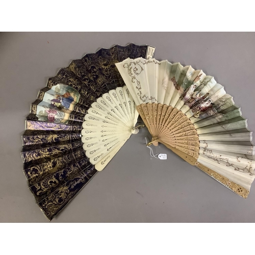 26 - A varied selection of 19th and 20th century fans, comprising a very large example with black wood mo... 