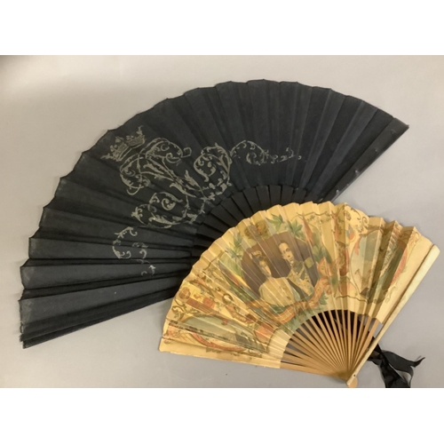 34 - Royal Interest: a paper fan printed with a portrait of King Alfonso XIII and Queen Victoria of Spain... 