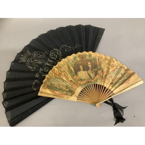 34 - Royal Interest: a paper fan printed with a portrait of King Alfonso XIII and Queen Victoria of Spain... 