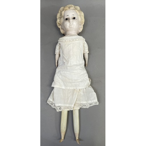 119B - A 19th century wax headed doll with moulded hair and glass eyes, soft body and wooden limbs, approxi... 