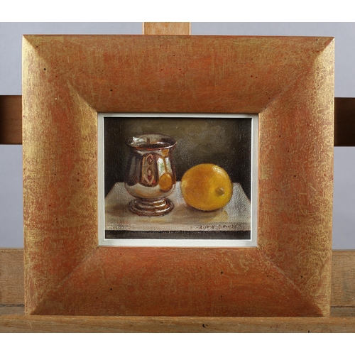 32 - ARR Ruth Bowyer (b 1948), Lemon and Silver Mug, oil on board, signed to lower right, 14.5cm x 17.5cm... 