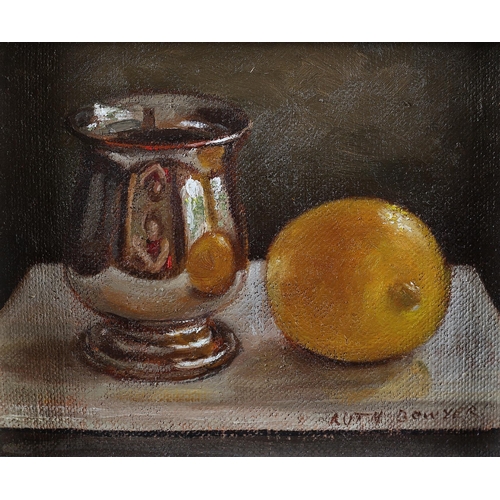 32 - ARR Ruth Bowyer (b 1948), Lemon and Silver Mug, oil on board, signed to lower right, 14.5cm x 17.5cm... 