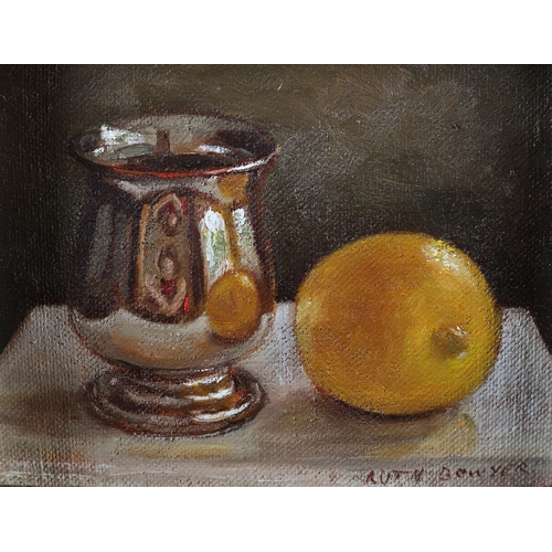 32 - ARR Ruth Bowyer (b 1948), Lemon and Silver Mug, oil on board, signed to lower right, 14.5cm x 17.5cm... 