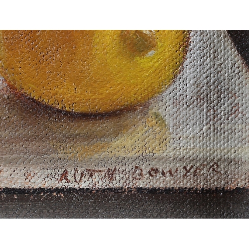 32 - ARR Ruth Bowyer (b 1948), Lemon and Silver Mug, oil on board, signed to lower right, 14.5cm x 17.5cm... 