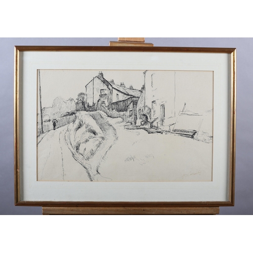 67 - ARR Philip Naviasky (1894-1983), Terrace houses and figure in the lane, pen and ink, signed to lower... 