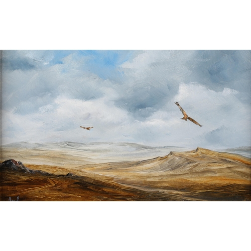 101 - Hood 20th/21st century, Red Kites above Moorland, oil on board, signed to lower left, 25cm x 40cm (S... 