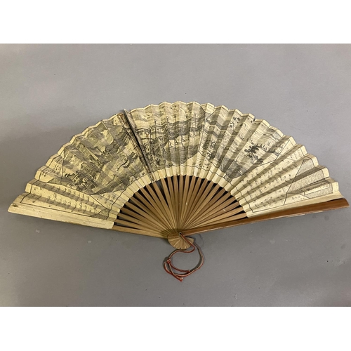 102 - Advertising fans: a fan in fontange form with wood monture dyed green, the guard printed with the br... 