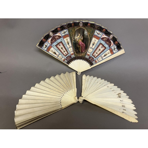 11 - Early 19th century fans: a very classical bone fan in the Grand Tour style, c 1830’s, the double pap... 