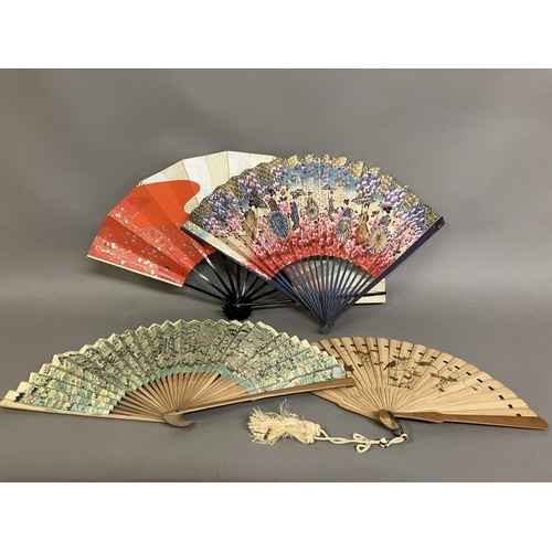 133 - Oriental fans: A detailed Chinese folding fan with double paper leaf, each side showing a topographi... 