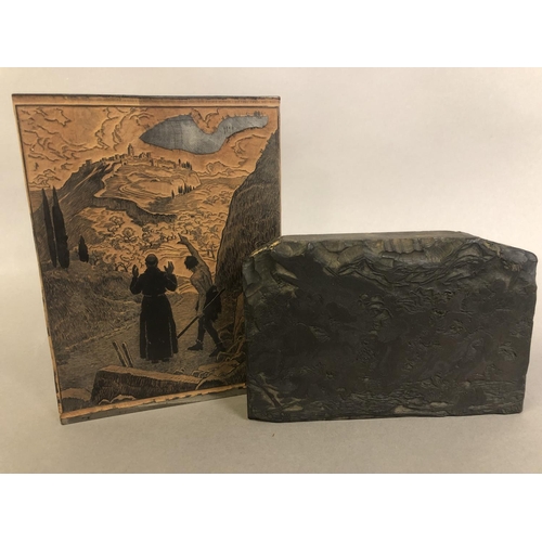 176 - Antique French wood printing blocks, one figurative, with a monk being guided to a hilltop fortified... 