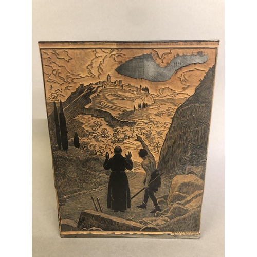 176 - Antique French wood printing blocks, one figurative, with a monk being guided to a hilltop fortified... 