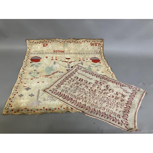 209 - An Antique European sampler dated 1908, alpha-numeric, worked in red on a fairly open weave canvas, ... 