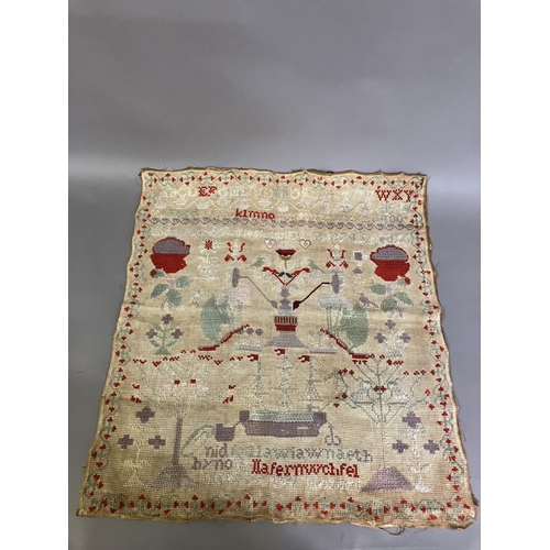 209 - An Antique European sampler dated 1908, alpha-numeric, worked in red on a fairly open weave canvas, ... 