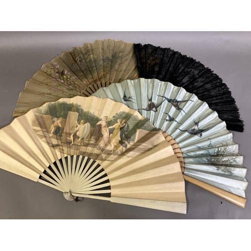 22 - Four late 19th century fans: the first quite simple, French, wood monture,
 The paper leaf inscribed... 