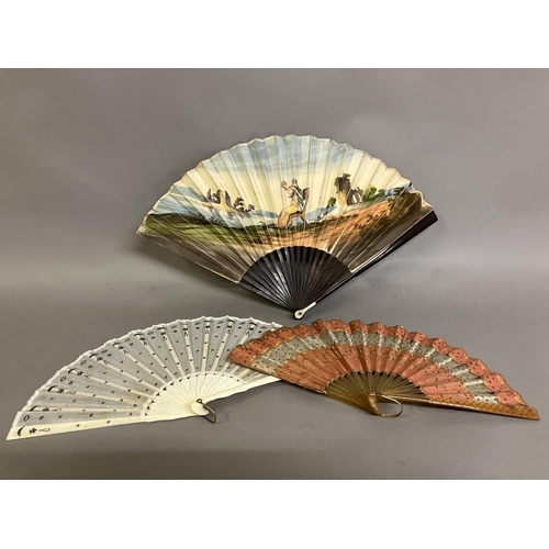 29 - A Regency engraved and coloured fan with double paper leaf, and slender wood monture with bone thumb... 