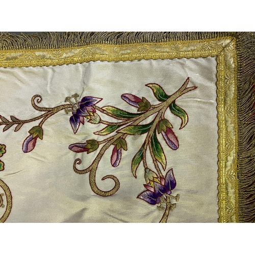 295 - Ecclesiastic embroidered items: a good decorative panel with couched gold thread embroidery and colo... 