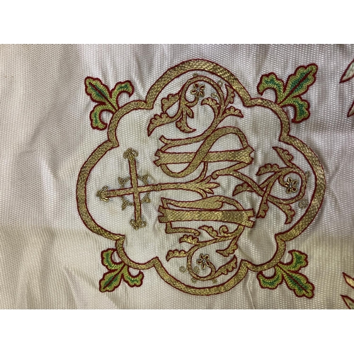 295 - Ecclesiastic embroidered items: a good decorative panel with couched gold thread embroidery and colo... 