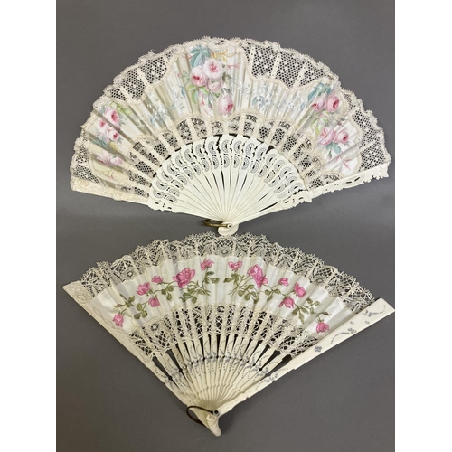 56 - Ann Collier: two fans, the first with bone monture carved, shaped and pierced, the leaf comprising c... 