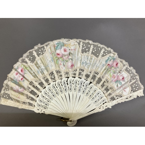 56 - Ann Collier: two fans, the first with bone monture carved, shaped and pierced, the leaf comprising c... 